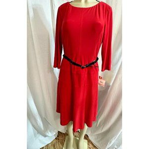 NWT $128 ANNE KLEIN RED BELTED 3/4 SLEEVE STRETCH FIT & FLARE FLAW Size 12 #1405